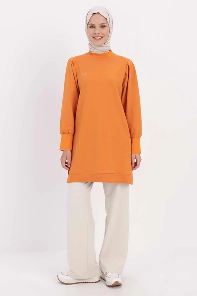 Turuncu-TAŞ YAZILI KOLU PİLELİ YANI YIRTMAÇLI TUNİK - Resim 2