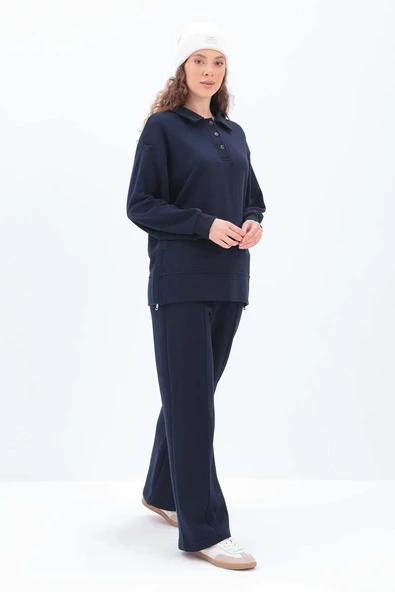 Lacivert-Yanları Fermuarlı Yakalı Sweat Tunik - Resim 3