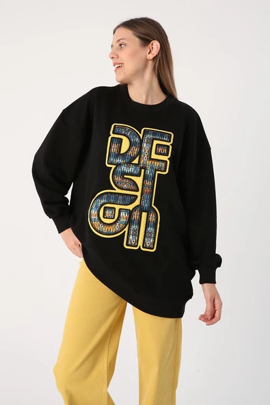Siyah-Oversize Desenli Aplike Nakışlı Sweat Tunik