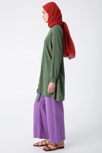 Yeşil-Büzgülü Bağlama Detaylı Bisiklet Yaka Likralı Tunik - Resim 3