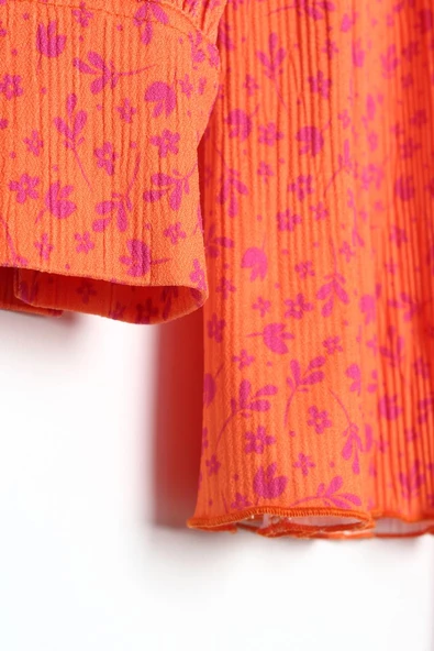 Turuncu-Fuşya-Desenli Biye Kemerli Rahat Piliseli Likralı Tunik - Resim 7