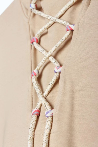 Bej01-Bağlama Detaylı Kapüşonlu Uzun Tunik - Resim 5