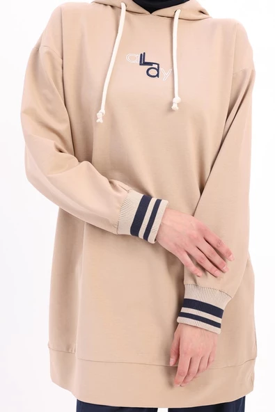 Bej-NAKIŞLI MANŞETİ RİBANALI SWEAT TUNİK - 5