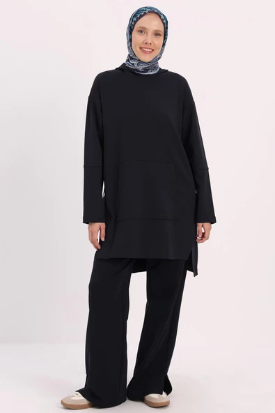 Lacivert-KAPÜŞONLU YANLARI YIRTMAÇLI SWEAT TUNİK - Resim 2