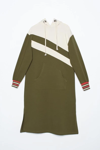 Açık Haki-İki Renkli Kapüşonlu Sweat Tunik - 7