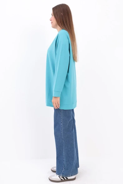 Turkuaz-Bisiklet Yaka Reglan Kol Sweatshirt - 2