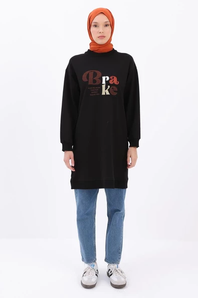 Siyah-APLİKE NAKIŞLI SWEAT TUNİK - Resim 2