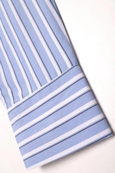 Koyu Mavi-Beyaz-Arkası Yırtmaçlı Aparturalı Çizgili Gömlek - Resim 4