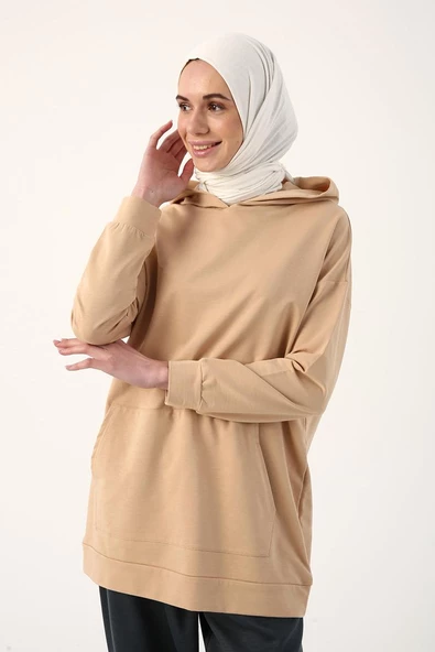 Camel-Kapüşonlu Sweat Tunik - Resim 3