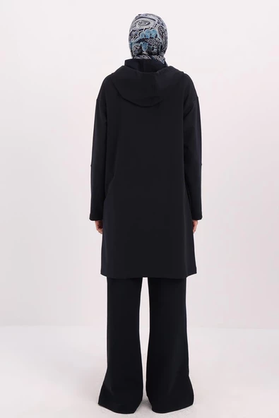 Lacivert-KAPÜŞONLU YANLARI YIRTMAÇLI SWEAT TUNİK - Resim 4