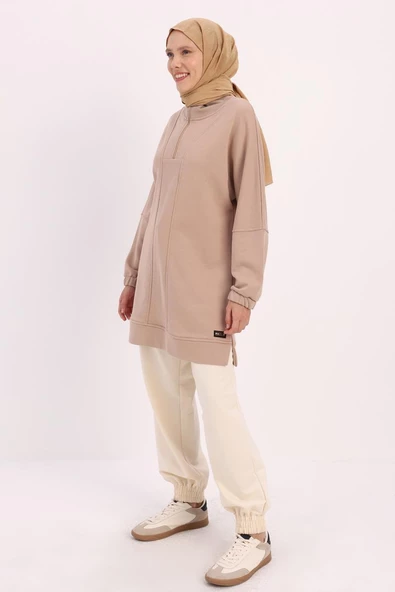 Bej-DİK YAKALI FERMUARLI SWEAT TUNİK - Resim 3