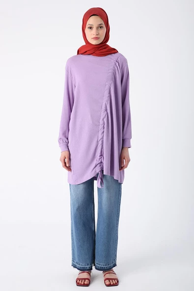 Lavanta-Büzgülü Bağlama Detaylı Bisiklet Yaka Likralı Tunik - Resim 2