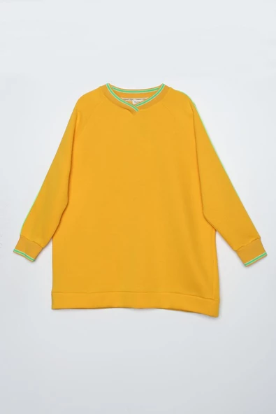 Koyu Sarı-Oversize Neon Detaylı Arkası Baskılı Şardonlu Sweatshirt - 6