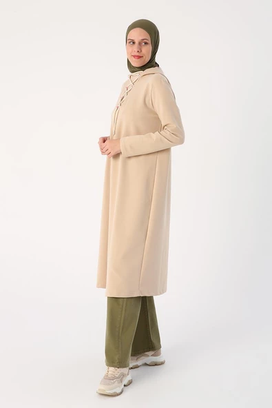 Bej01-Bağlama Detaylı Kapüşonlu Uzun Tunik - Resim 3