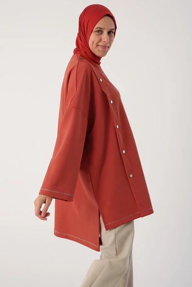 Oranj-Sim Dikişli Çıtçıtlı Oversize Tunik - Resim 2