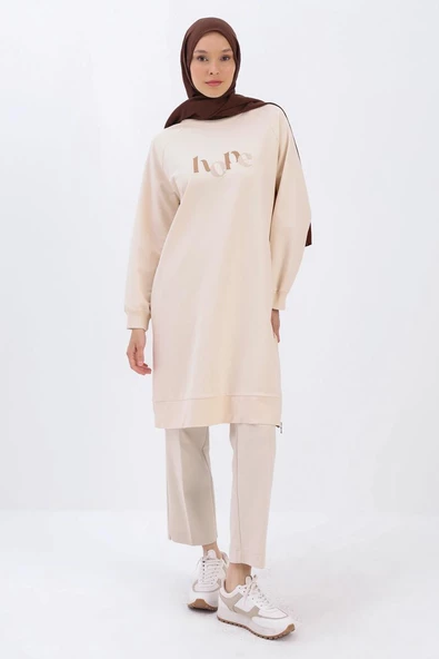 Ekru-YANDAN GARNİ YIRTMAÇLI SWEAT TUNİK - Resim 2