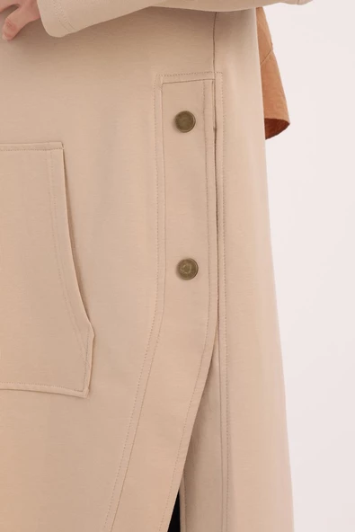 Bej-KAPÜŞONLU YANLARI YIRTMAÇLI SWEAT TUNİK - Resim 5