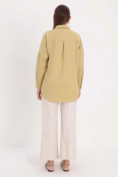 Olive-Oversize Basic Gömlek - Resim 4