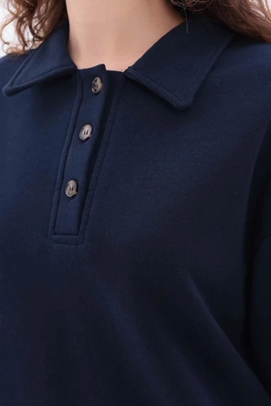 Lacivert-Yanları Fermuarlı Yakalı Sweat Tunik - Resim 5
