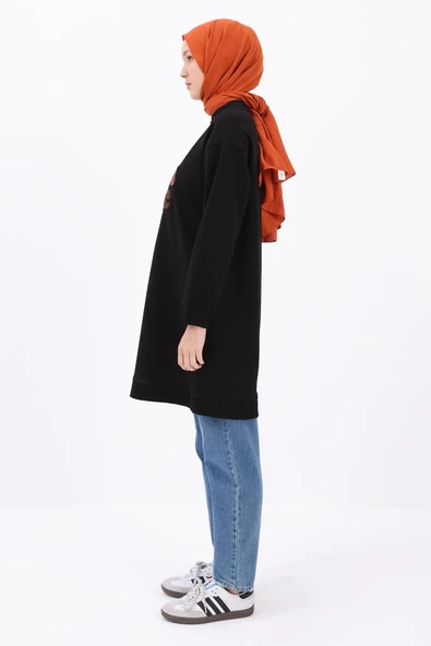 Siyah-APLİKE NAKIŞLI SWEAT TUNİK - Resim 3