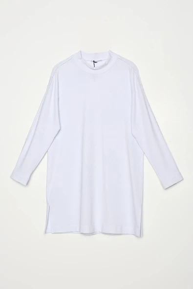 Beyaz-Pamuklu Dik Yaka Sim Dikişli Yıtmaçlı Tunik - Resim 6