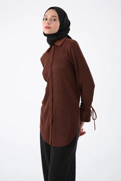 Kahve-Piliseli Kolları Bağcık Detaylı Gömlek Tunik - 5
