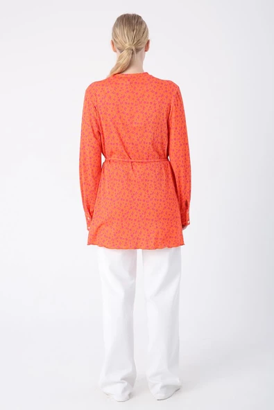 Turuncu-Fuşya-Desenli Biye Kemerli Rahat Piliseli Likralı Tunik - Resim 4