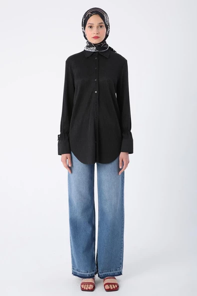 Antrasit-Piliseli Kolları Bağcık Detaylı Gömlek Tunik - Resim 2