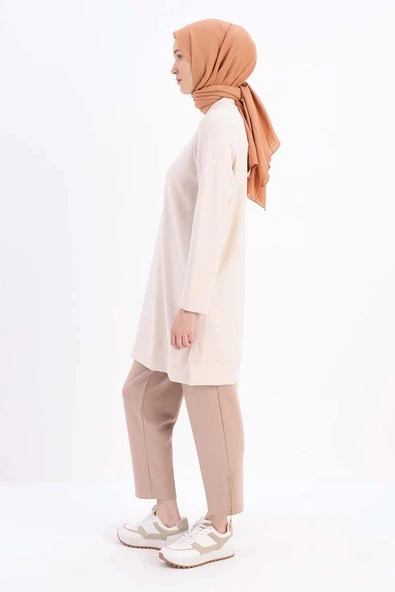 Açık Bej-Kolu Fermuarlı Tunik - Resim 3