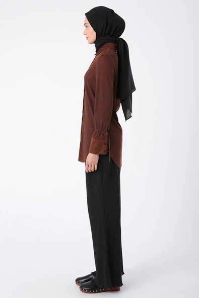 Kahve-Piliseli Kolları Bağcık Detaylı Gömlek Tunik - 3