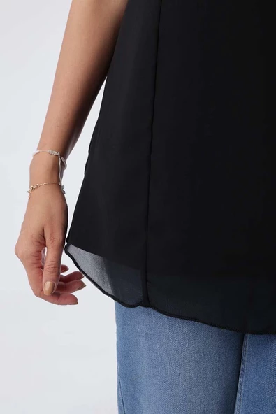 Siyah-Pamuklu Çift Taraflı Sıfır Kollu Şifon İçlik Bluz - Resim 5