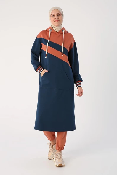 Koyu İndigo-İki Renkli Kapüşonlu Sweat Tunik - 2