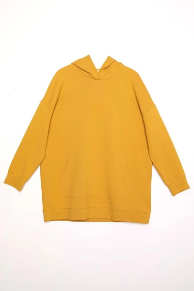 Sarı-Kapüşonlu Kanguru Cepli Likralı Sweat - Resim 6