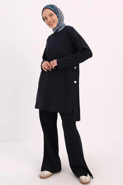 Lacivert-KAPÜŞONLU YANLARI YIRTMAÇLI SWEAT TUNİK ürün görseli