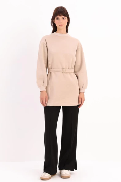 Bej-Pamuklu Kuşaklı Sweat Tunik - Resim 2