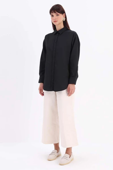 Siyah-ÖNDEN VE ARKADAN DÜĞMELİ GÖMLEK TUNİK - 3