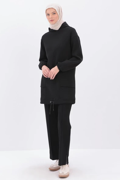 Siyah-Kulplu Kapüşonlu Sweat Tunik - Resim 3