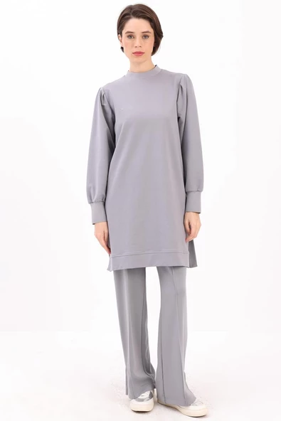 Gri-TAŞ YAZILI KOLU PİLELİ YANI YIRTMAÇLI TUNİK - Resim 2