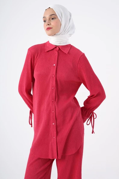 Fuşya-Piliseli Kolları Bağcık Detaylı Gömlek Tunik - Resim 5