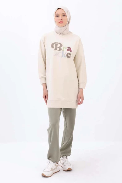 Ekru-APLİKE NAKIŞLI SWEAT TUNİK - Resim 2