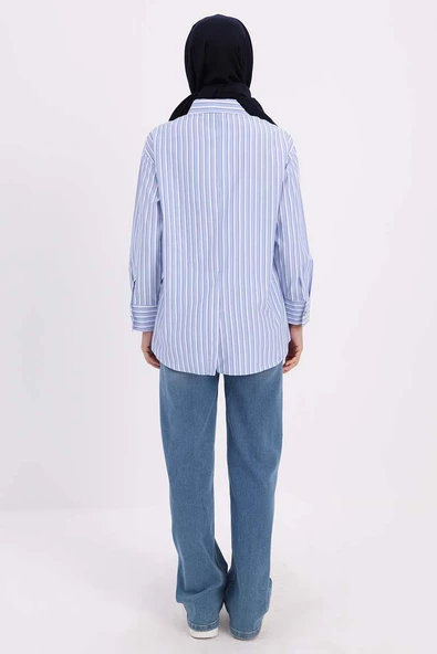 Koyu Mavi-Beyaz-Arkası Yırtmaçlı Aparturalı Çizgili Gömlek - Resim 3