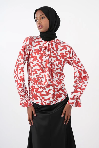 Bordo-Beyaz-Yakası Bağlama Detaylı Likralı Crep Bluz - Resim 5