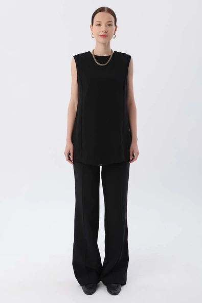 Siyah-Pamuklu Çift Taraflı Sıfır Kollu Şifon İçlik Bluz - Resim 3