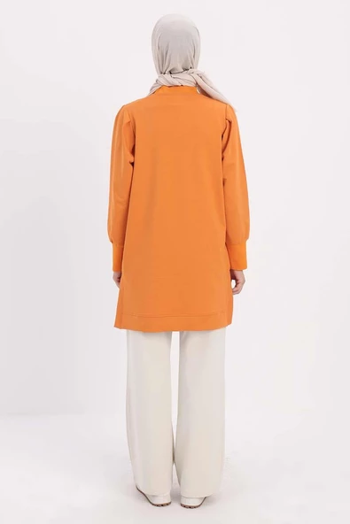 Turuncu-TAŞ YAZILI KOLU PİLELİ YANI YIRTMAÇLI TUNİK - Resim 4