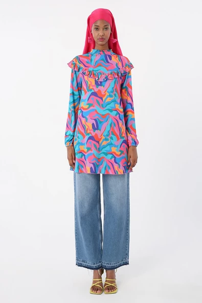 Turkuaz-Pembe-Robası Fırfırlı Emprime Desenli Tunik - Resim 2
