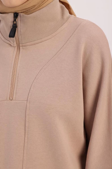 Bej-DİK YAKALI FERMUARLI SWEAT TUNİK - Resim 5