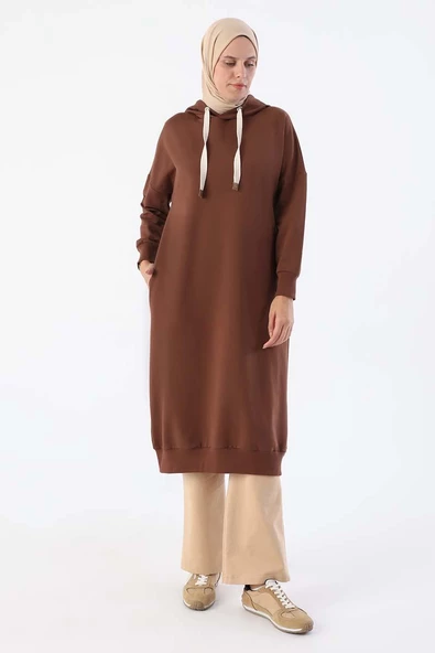 Kahve-Kuşgözlü Kapüşonlu Cepli Sweat Tunik ürün görseli