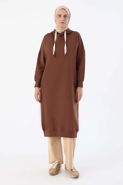 Kahve-Kuşgözlü Kapüşonlu Cepli Sweat Tunik - Resim 2