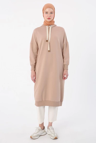 Bej-Kuşgözlü Kapüşonlu Cepli Sweat Tunik - Resim 2