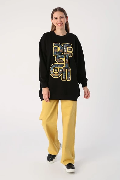 Siyah-Oversize Desenli Aplike Nakışlı Sweat Tunik - Resim 5